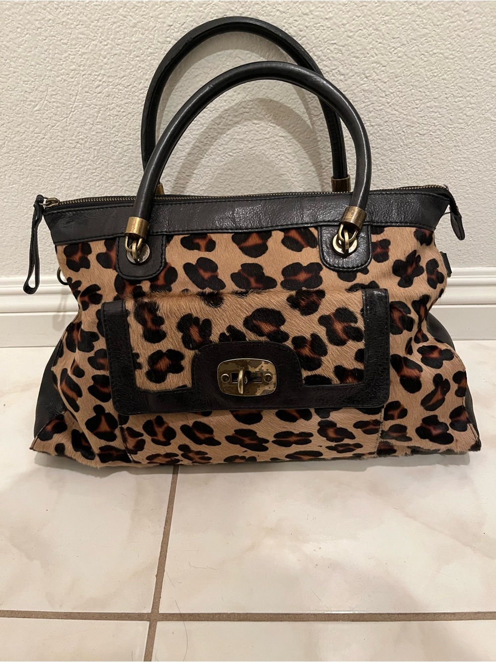 Vintage 90s Nordstrom Leopard Calf Hair & Leather Satchel Bag – Turn Lock Black - Picture 11 of 12
